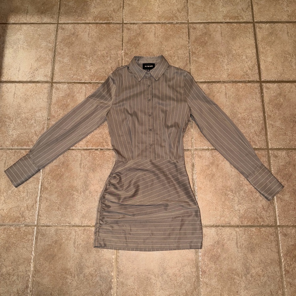 Striped Long-Sleeve Shirt Dress in Taupe - Picture 3 of 11